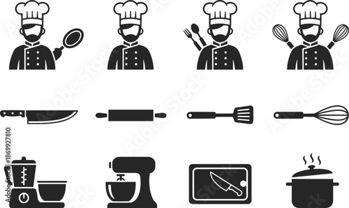 Black and white kitchen icon set, chef and utensil symbols, minimalist culinary vector grid, cooking tools, appliances, knife, whisk, blender