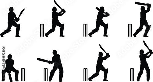 Cricket player silhouette set, batting and wicket-keeping poses, wicket icons, sports vector illustration, athletic action clipart collection