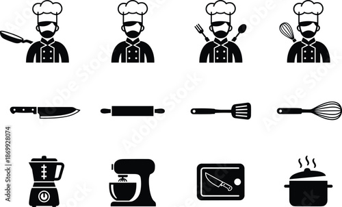 Black and white kitchen icons set, chef tools and appliances, minimalist cooking symbols, culinary utensils grid, vector kitchen collection icons