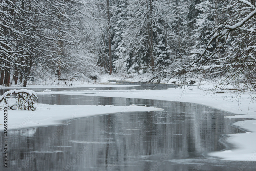 Obraz premium a calm winding river in a snowy forest, trees under the snow in the forest, peace and quiet, reflection on the water, without people