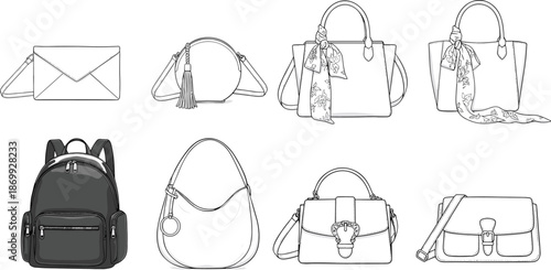 Handbag and backpack silhouette set, fashion accessory icons, purse and bag vector illustration, retail catalog clipart collection