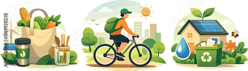 Eco-Friendly Lifestyle Icons. Eco-conscious living landscape illustrated through daily habits reducing environmental impact and