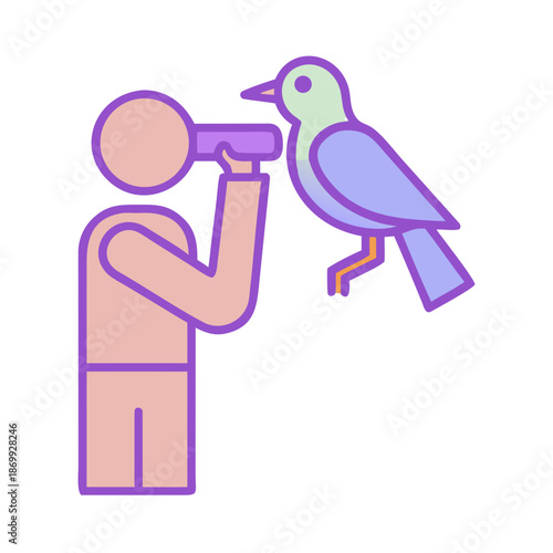 Stylized birdwatching illustration of person with binoculars looking at bird on arm