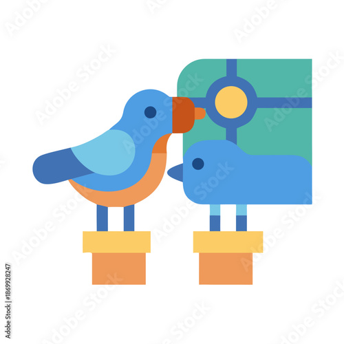 Stylized illustration of two blue birds perched near a colorful window