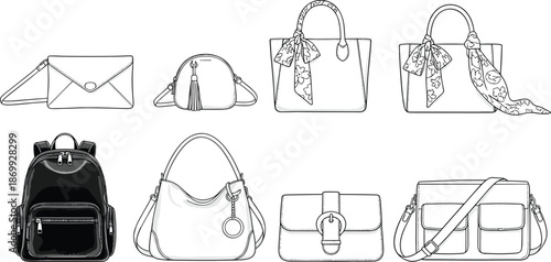 Handbag and backpack silhouette set, fashion accessory icons, purse and bag vector illustration, retail catalog clipart collection