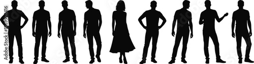 Human silhouette lineup, gender contrast pose, posture variation icons, standing figure set, minimal vector illustration, character design clipart