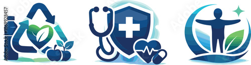 Future-Ready Health Icons. Future-ready healthy living ecosystem expressed through sustainable habits, preventive care, and