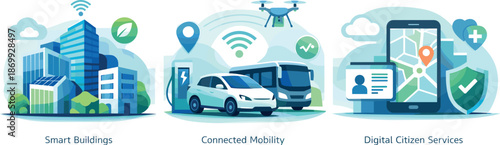 Smart City Iconography. Urban innovation scene illustrated via smart buildings, connected mobility, and digital citizen services,