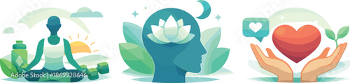 Self-Care Icons. Personal wellness landscape illustrated through daily self-care habits enhancing physical, mental, and emotional