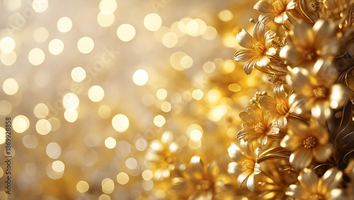 Golden Metalic Floral Bokeh Abstract Background with Lights.