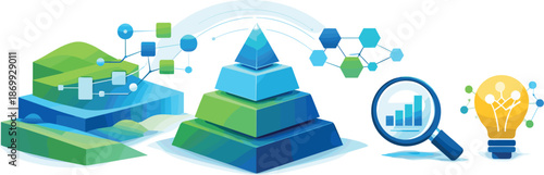 Conceptual Framework Landscape. Theoretical framework landscape illustrated through layered structures, interconnected ideas, and