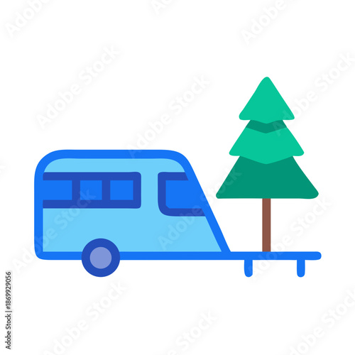 Flat illustration of a campervan and tree against a black background