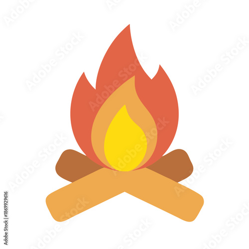 Stylized Bonfire Illustration with Flame, Logs, and Bright Colors against Black Background