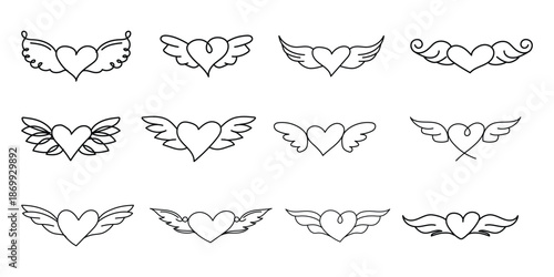 winged heart doodle set in black outline on white background, love and freedom symbols to multiple heart shapes with angel wings vector.