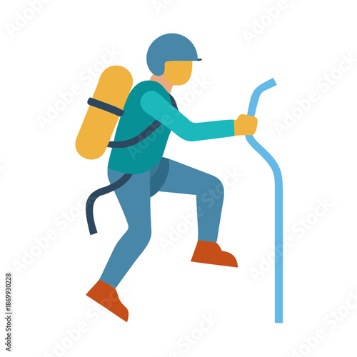 Flat vector illustration of a hiker with a backpack and trekking pole