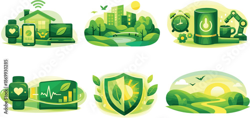 Modern Spring Ecosystem. End-to-end modern lifestyle spring ecosystem illustration showcasing freshness and balance, six symbolic