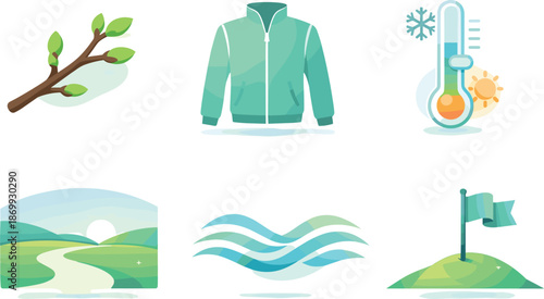 Seasonal Transition Symbols. Nature-to-lifestyle bridge composition expressing seasonal transition concept, six symbolic objects