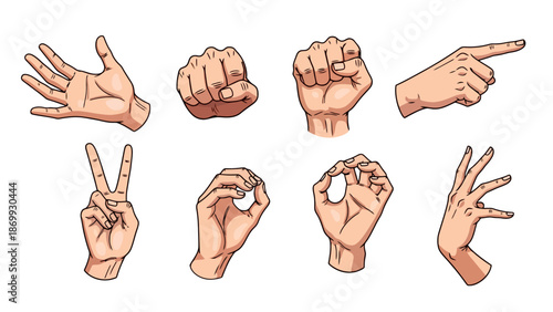 Collection of hand gestures and signs representing communication and actions