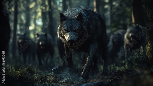 Wallpaper Mural Dark Wolf with Glowing Eyes in Forest Torontodigital.ca