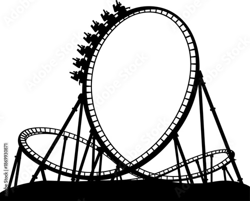 Black Silhouette of a Roller Coaster Loop with Passenger Train Against a White Background for Amusement Park and Fairground Concept Design