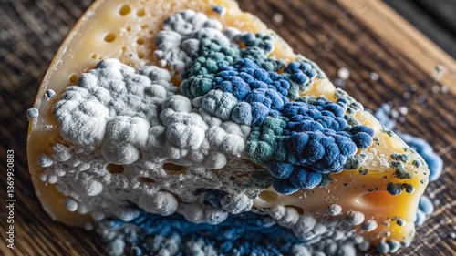 Wallpaper Mural Close-up of moldy cheese with blue and white spores on a wooden board, macro shot Torontodigital.ca