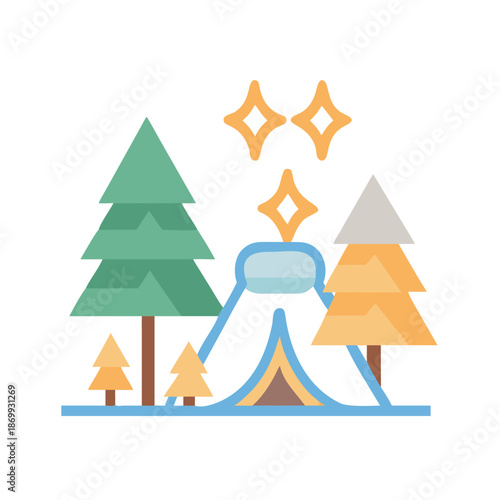 Minimalist camping scene illustration with trees, tent and stars on black background.