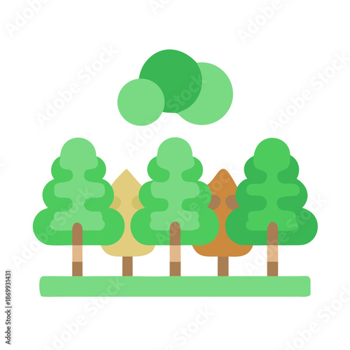 Stylized Flat Vector Forest Illustration with Trees and Bushes on Black Background