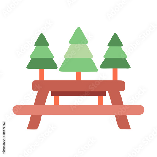 Picnic table and pine trees graphic illustration on black background