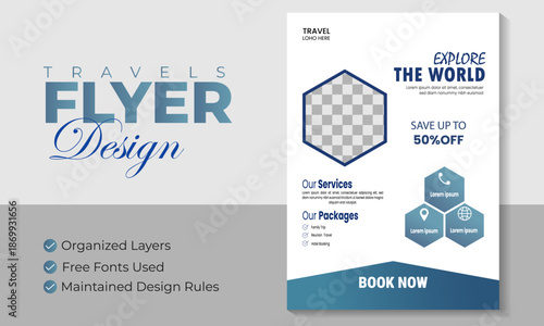 Travel poster or flyer tour and travel flyer template brochure design for a modern travel agencies promotional summer holiday travel flyer.