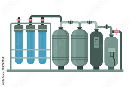 An industrial water filtration system with multiple tanks and pipes on a white background