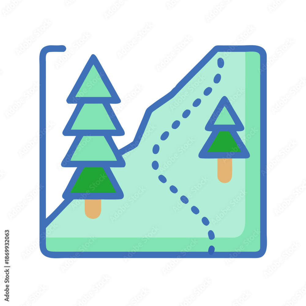 Fototapeta premium Stylized mountain landscape with trees and path, modern illustration for adventure themes