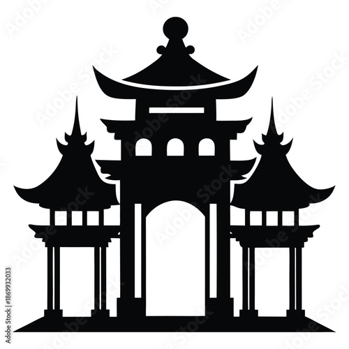 Japanese Torii Gateway Silhouette, Traditional Asian Shrine Vector Icon