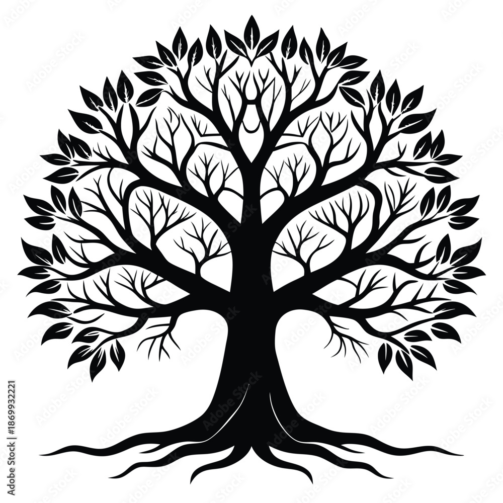 Obraz premium Majestic Symmetrical Oak Tree Design, Black and White Botanical Branch Silhouette