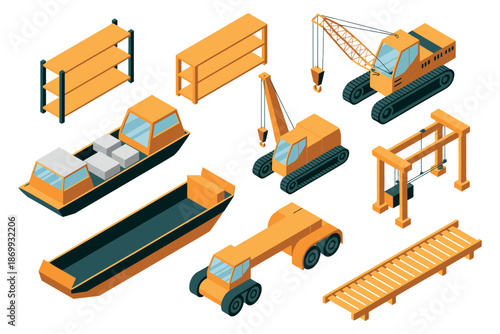 An illustration of various construction vehicles and equipment used for heavy lifting and transportation.