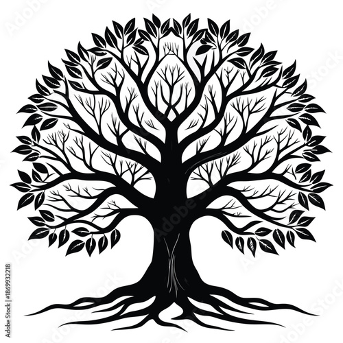 Abstract Nature Silhouette of an Oak Tree, Symmetrical Branching Vector Illustration