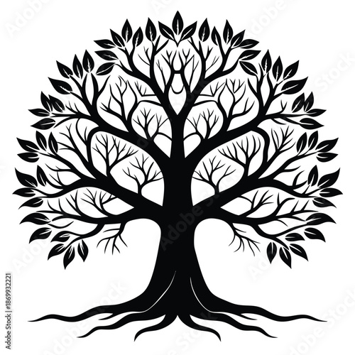 Majestic Symmetrical Oak Tree Design, Black and White Botanical Branch Silhouette