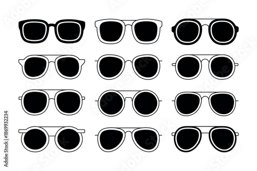 A collection of various stylish sunglasses on a white background