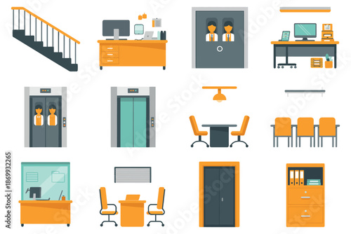 A collection of various office icons and symbols for business and workspace design