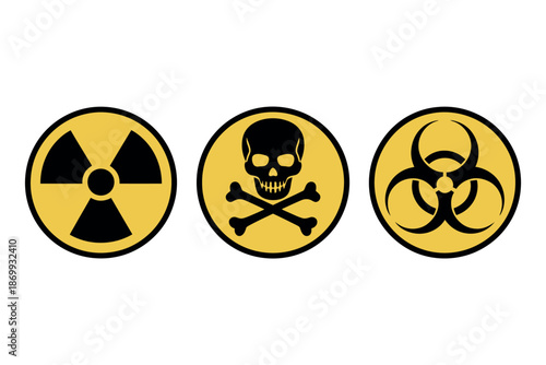 Three hazardous warning signs on a white background, indicating radiation, biohazard, and toxic materials.