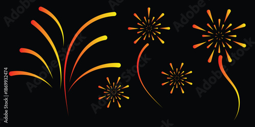 Fireworks set isolated on a dark transparent background. Hand-drawn firework еlements for a holiday banner, poster or card. Fourth of July celebration symbol, Independence Day design element banners