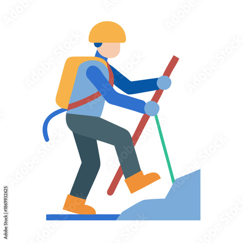 Climber vector illustration, trekking in mountains with sticks, simple flat design