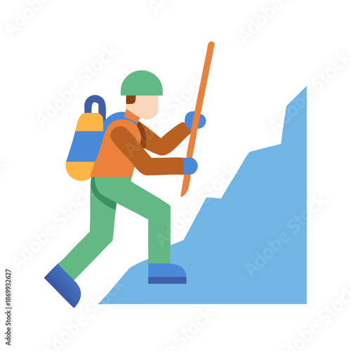 Flat style image of a climber ascending a blue rock formation