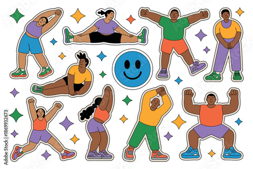 A diverse group of people engaging in various stretching exercises with a smiley face