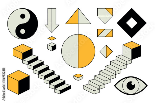 A creative illustration featuring various geometric shapes and symbols on a white background