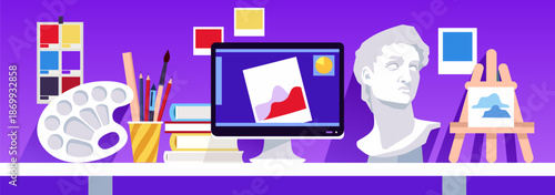 Artist's desk. Vector flat illustration. Horizontal banner. Creative workplace. Workspace. Purple background