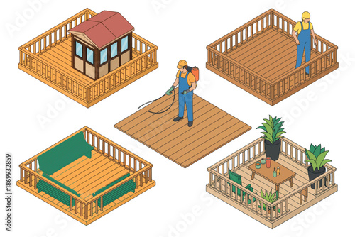 An illustration of various wooden deck designs and construction workers building and maintaining them.