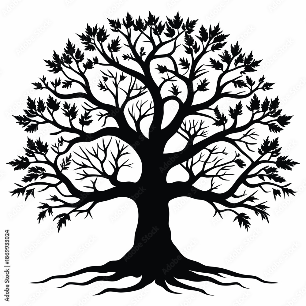 Obraz premium Contemporary Symmetrical Oak Tree Illustration Silhouette for Eco Branding