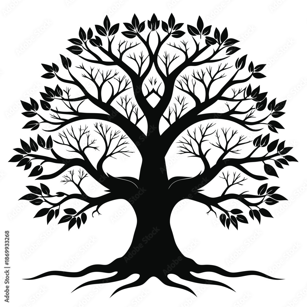 Obraz premium Strong Symmetrical Oak Tree Silhouette Graphic Symbolizing Growth and Stability