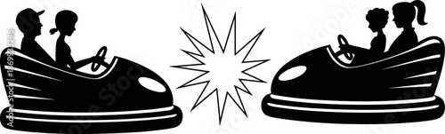 Black silhouette of bumper cars colliding with sparks isolated on white background for amusement park carnival and fairground entertainment design