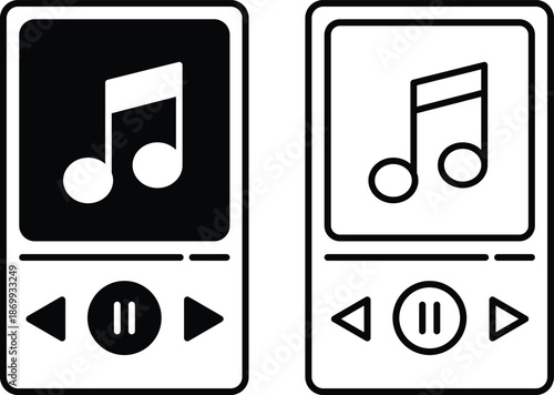 Music player icon set with playback controls and musical note symbol